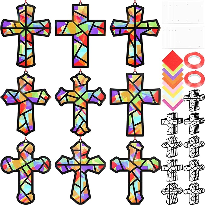 Renbuzhu 48PCS Sunday School VBS Crafts Bulk: Paper Cross Nativity Suncatchers, Jesus Religious Christian Activity DIY Kits Church Decorations, Window Stained Glass Effect Art Supplies