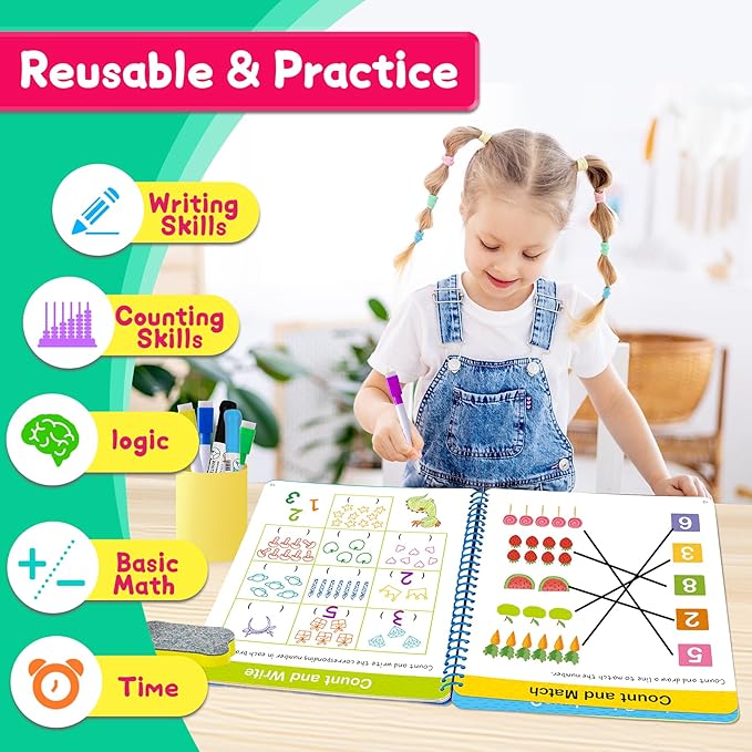 Preschool Learning Activities 60 Reusable Pages -Number Tracing Book for Kids 3,4,5,6 Years Old -Builds Addition & Subtraction, PreK Kindergarten Math Workbook, Learning Toy Gift for Toddler