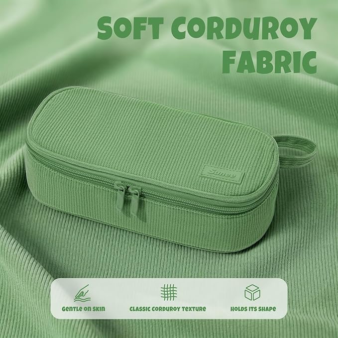 SUNEE Cute Pencil Case, Large Capacity Pencil Pouch, Soft Corduroy Pencil Bag, Big Storage Pen Organizer for Stationery, Aesthetic Zipper Pencil Box, Back to School Supplies for Teen Girls Boys, Green