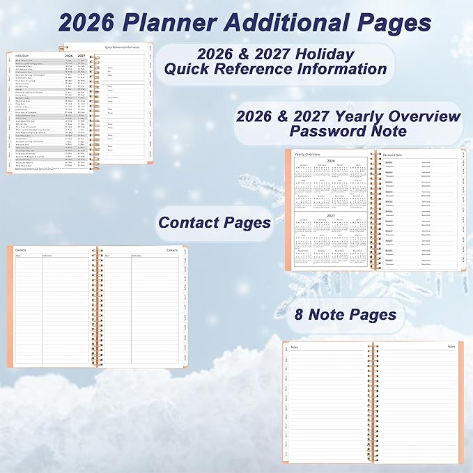 Day Planner 2026, Weekly and Monthly Planner 2026, Jan 2026-Dec 2026, 6.2" x 8.4", Calendar Daily Planner with Tabs & Pocket, 100GSM Thick Paper, Pink