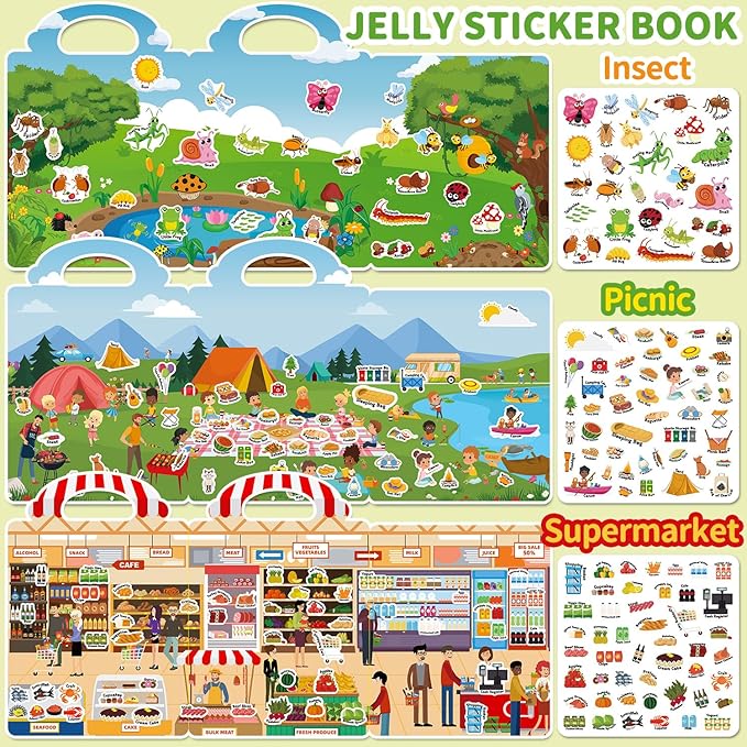 6 Sets Reusable Sticker Book for Toddlers 3-6, Jelly Sticker Books for Toddler, Travel Sticker Activity Toys for Kids 3 4 5 6 Years Old Girls & Boys