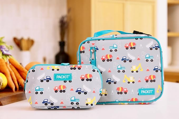 PackIt Freezable Classic Lunch Box, Construction Trucks | Built-in ice packs, EcoFreeze+ Technology, Zip Closure, Zip front pocket, Side-release buckle handle, Collapsible, Reusable