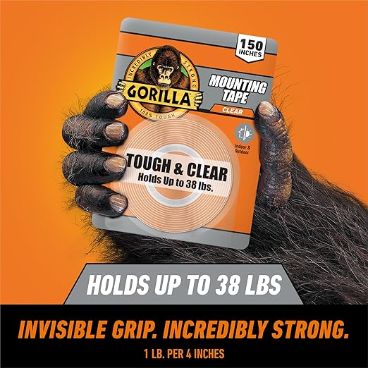 Gorilla Invisible Hold Mounting Tape, 1" x 150" (Pack of 1), Clear Double Sided Tape for Strong, Permanent Indoor & Outdoor Hanging