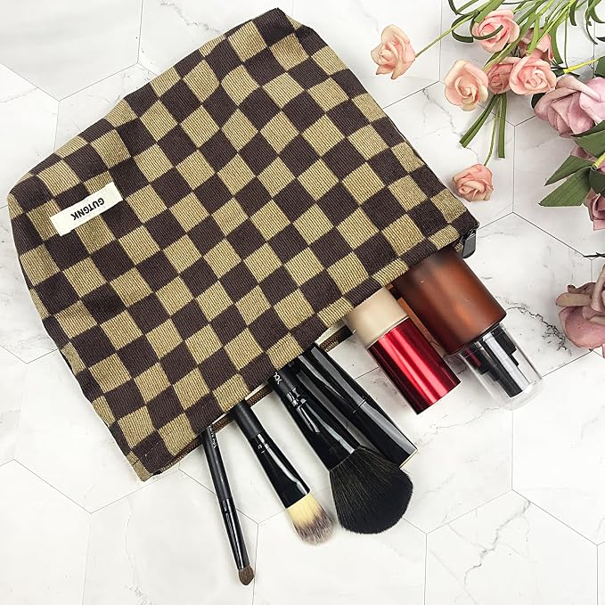 GUTGNK Women's Cosmetic Bag, Corduroy Checkerboard Travel Cosmetic Bag Small Cosmetic Bag Skin Care Cosmetic Changing Handy Bag Zipper Organizer