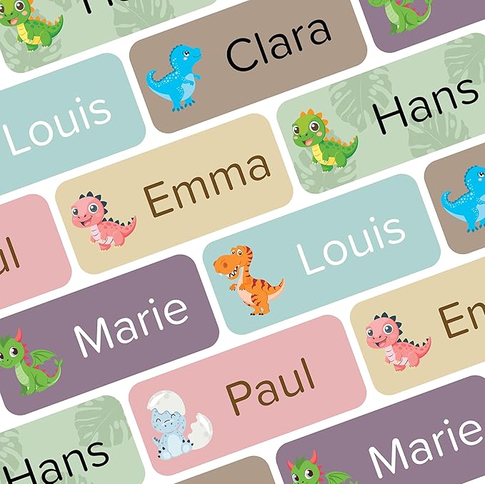 Name Labels for Kids (120 pcs) - Custom Waterproof Stickers for Daycare, Office and School Supplies (Dinosaurs)