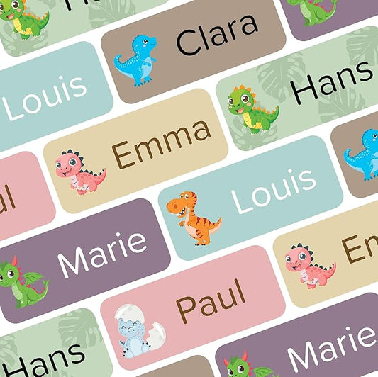 Name Labels for Kids (120 pcs) - Custom Waterproof Stickers for Daycare, Office and School Supplies (Dinosaurs)
