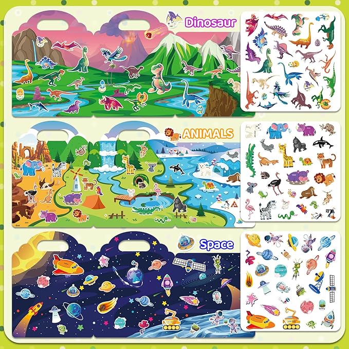 Jelly Sticker Books for Toddlers 2-4 Years, 6 Sets Reusable Sticker Books for Toddlers 1-3, Travel Toys Stickers Activity Book for Kids 2 3 4 5 6 Years Old Girls Boys Gifts (6Sets-Collection)