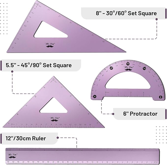 Mr. Pen- Metal Geometry Kit, 4 Pack, 45° & 30°/60° Set Squares, 6" Protractor & 12" Ruler, Durable Metal Drafting Tools for Technical Drawing, Math, Engineering & Architecture