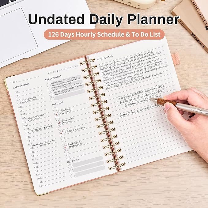 Ovesmusl Undated Daily Planner - 126 Days Hourly Schedule & To Do List - A5 PU Leather Hardcover Spiral Notebook planner with stickers, Metal Corner Protectors & Back Pocket for Work & School, Pink