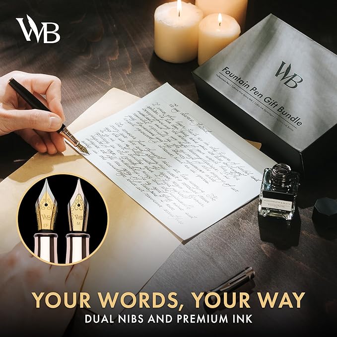 Wordsworth & Black Fountain Pen Set, 18K Gilded Medium and Extra Fine Nib, 25ML Black Bottle, 6 Ink Cartridges, Refill Converter, Smooth Writing Pens [Black Rose Gold], Gift Set for Men and Women