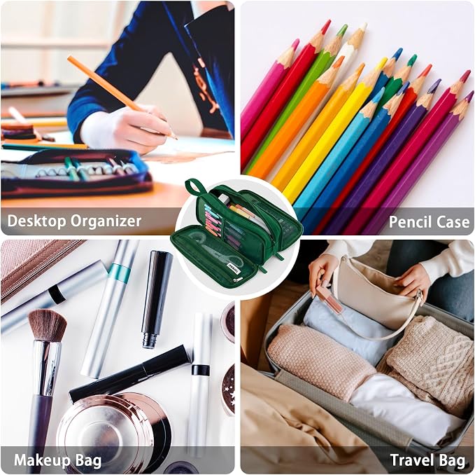 TOPBIDAI Large Pencil Case Pouch for Girls Boy Women Men Adults | Big Capacity Canvas Pencil Bag, Office School Supplies, Multi Compartment Zipper Stationery Pen Box(Dark Green)