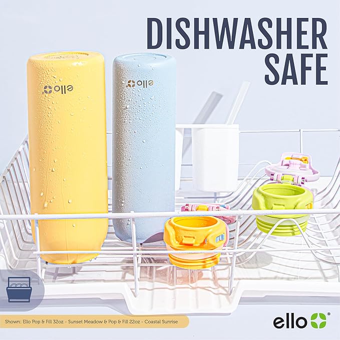 Ello Pop & Fill 22oz Stainless Steel Water Bottle with Quick Fill Technology, Double Walled and Vacuum Insulated Metal, Leak Proof Locking Lid, Sip and Chug, Reusable, BPA Free, Rosy Skyline