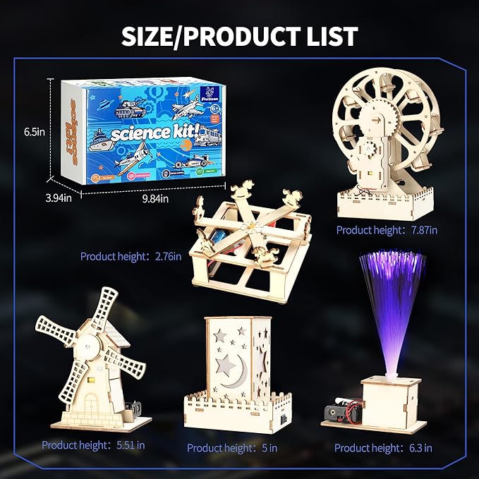 5-in-1 STEM Kits for Kids Ages 8-13, Wooden Building Toys with Motorized Ferris Wheel & Night Light, DIY Science Engineering Projects, Educational Gifts for Boys and Girls