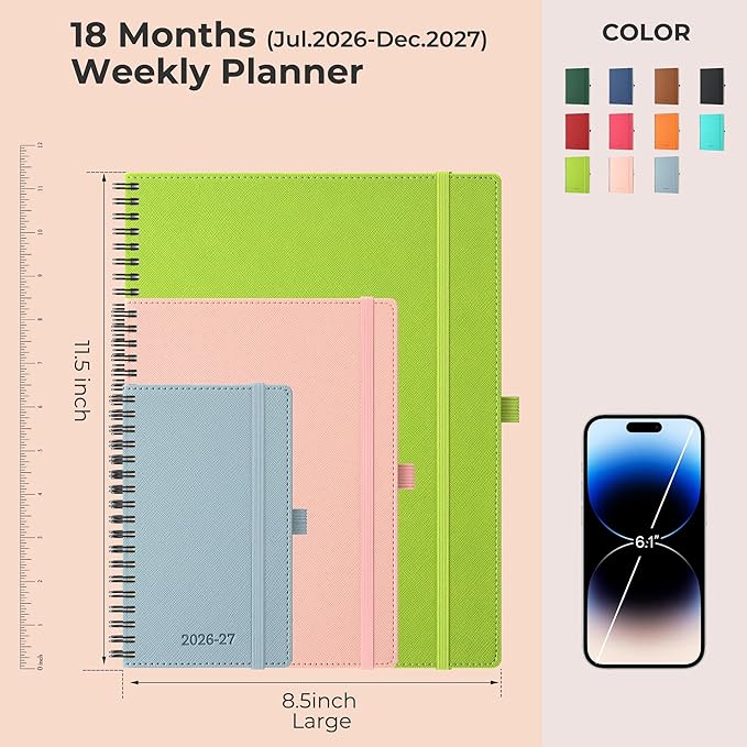 Planner 2026-2027 Daily Weekly and Monthly,11.5"x8.5",18 Months Spiral Bound Calendar Agenda with Self-adhesive Pen Holder,2026 Academic Plan with Vegan Leather Soft Cover,Pink
