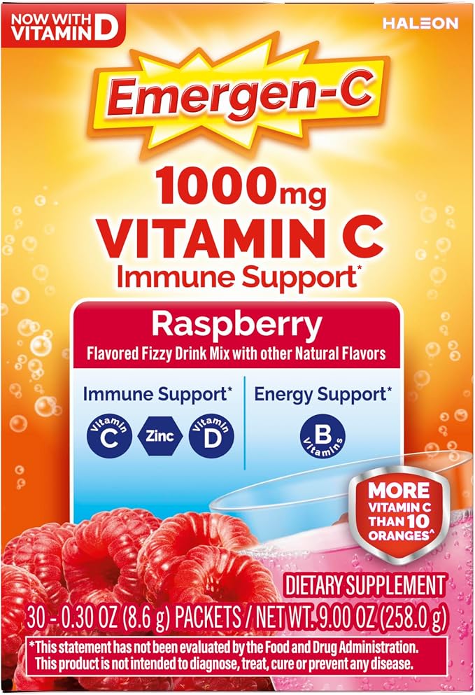 Emergen-C 1000mg Vitamin C Immune Support Powder Raspberry 30CT Includes Zinc, Manganese, 7 B Vitamins and Electrolytes for Back to School Essentials (Pack of 12)