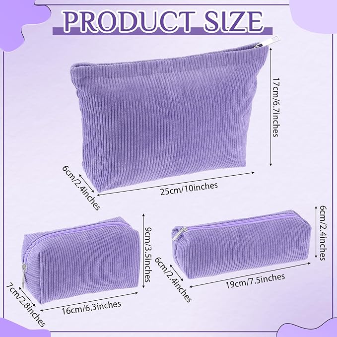 Huhumy 3 Pcs Makeup Bag Set for Women Corduroy Cosmetic Pouch Aesthetic Smile Travel Toiletry Bag Cute Purse Pouch Pencil Case Makeup Brushes Storage Organizer with Zipper(Purple,Solid Style)