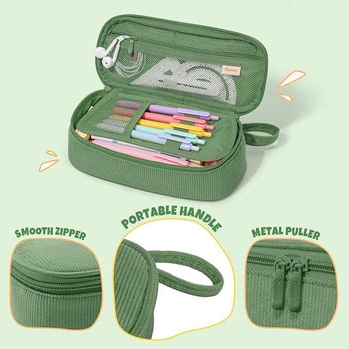 SUNEE Cute Pencil Case, Large Capacity Pencil Pouch, Soft Corduroy Pencil Bag, Big Storage Pen Organizer for Stationery, Aesthetic Zipper Pencil Box, Back to School Supplies for Teen Girls Boys, Green