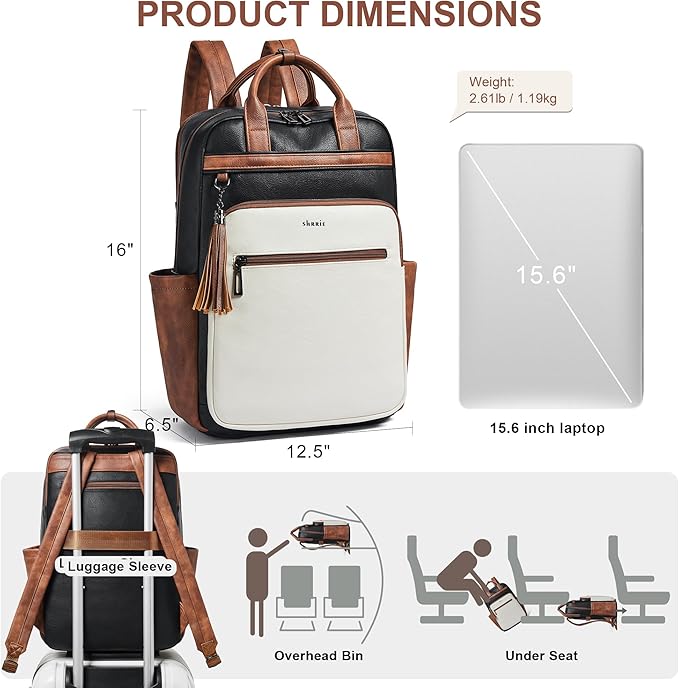 Shrrie Laptop Backpack for Women 15.6 inch Travel Leather Backpack Purse Work Computer Backpacks for Business College Black With Brown and White
