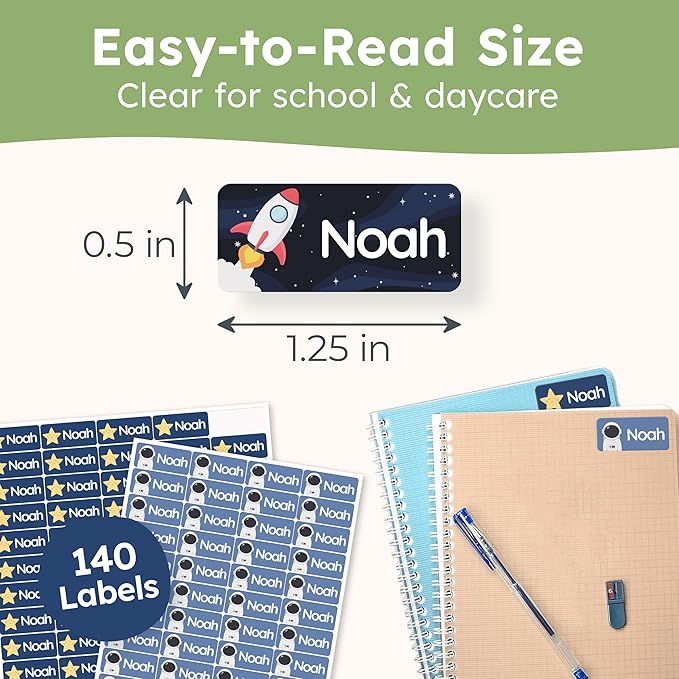 Personalized Name Labels for Kids (140 Labels) - Durable & Waterproof Custom Name Stickers for Clothing Tags, School Supplies, Camp & Daycare - Galaxy (1.2”x0.5”)