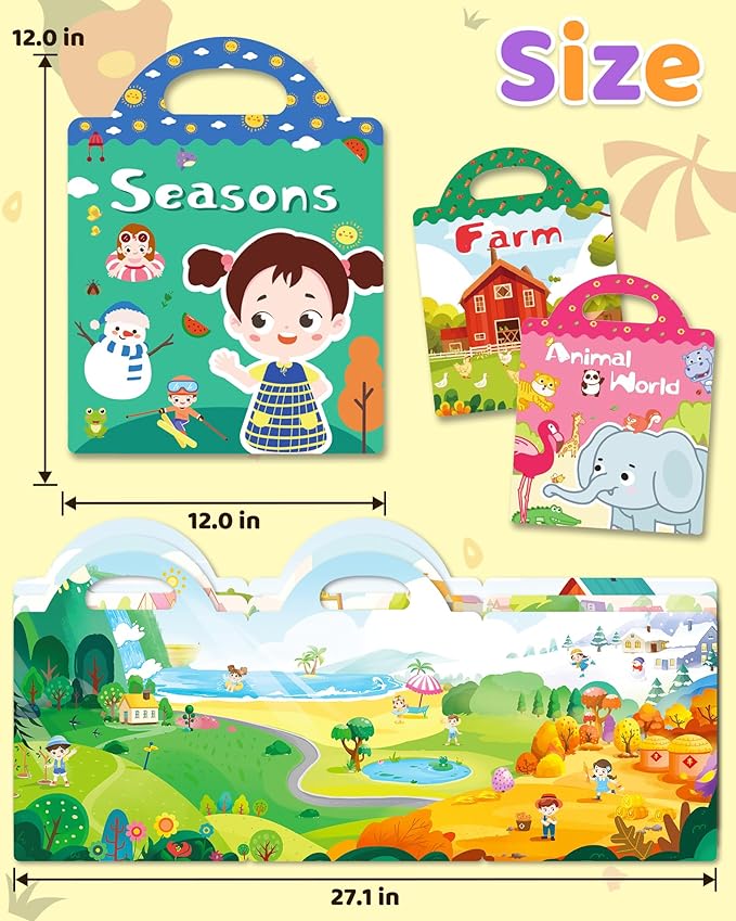 Benresive Reusable Sticker Book for Toddlers, Stickers for Kids, Travel Toys for Arts & Crafts Activities, Birthday Gift for Boys & Girls, Farm, Animal and Season Themes