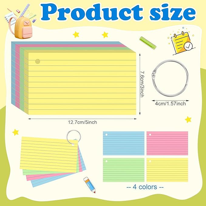 3x5 Inch-200 Count Index Cards with Key Ring, 4 Color Colored (50 Sheets Each) Flash Cards,Students, Teachers, Study Note Cards,table Note Taking for Office Home School