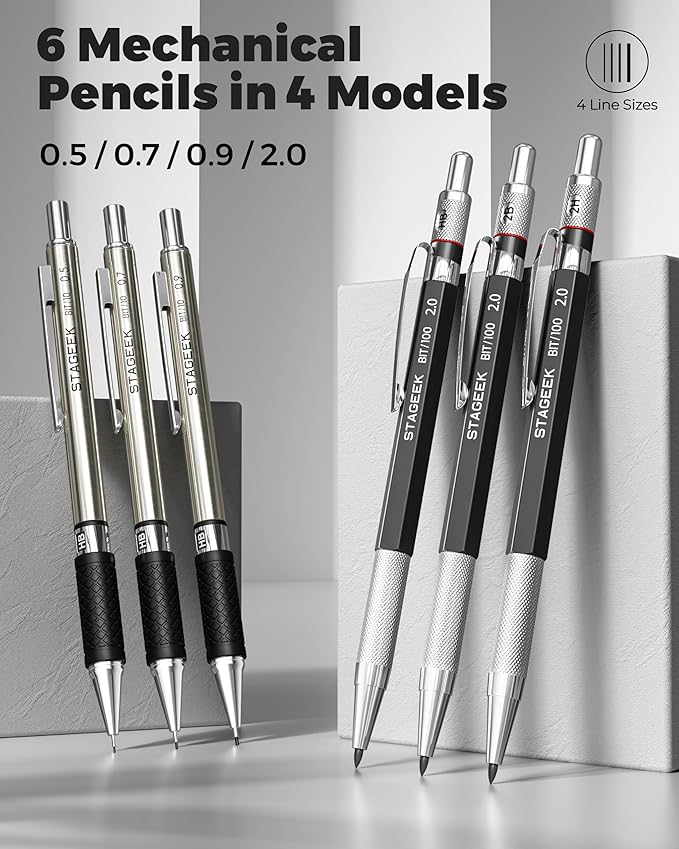 STAGEEK Mechanical Pencil Set with Canvas Bag 30 Count, Drawing Pencils 0.5, 0.7, 0.9MM & 3PCS 2MM Sketching Pencils with 464PCS Lead Refills (6B 4B 2B HB 2H 4H Color) for Artist Drafting Drawing