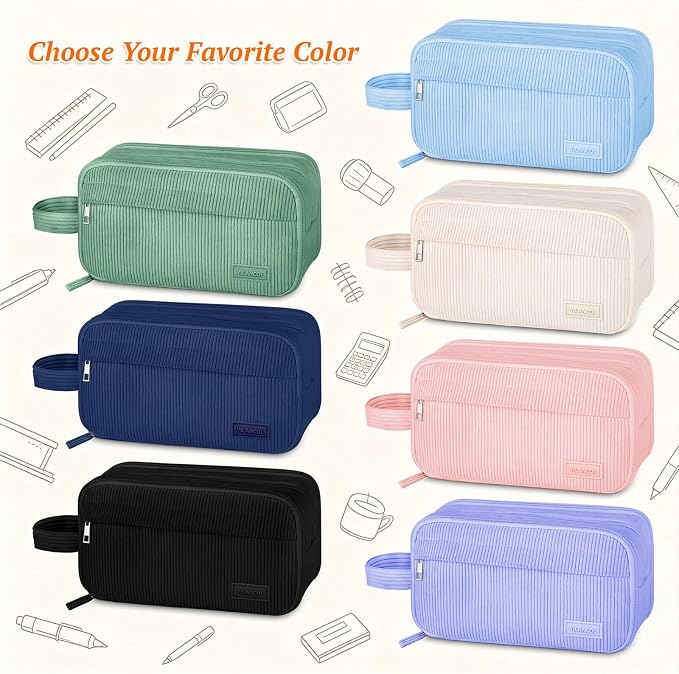 Cute Big Pencil Case Pouch Bag with Handle for Teen Girls Boy Gift | Large Capacity 4 Compartment Multiple Pockets Corduroy Aesthetic Pen Bag Pouch Organizer for School College Supplies,Green