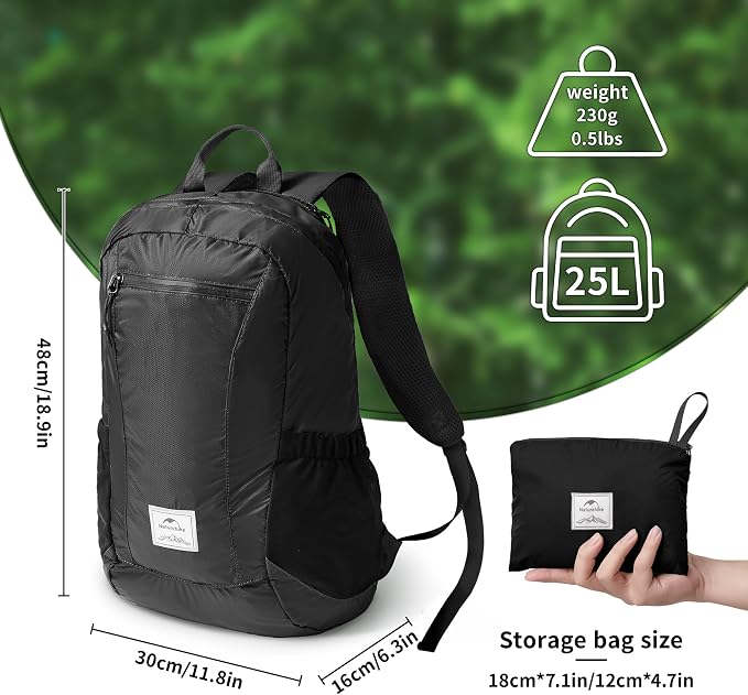 Naturehike 25L Lightweight Hiking Backpack, Waterproof Camping Packable Backpack Ultralight for Travel, Airplane, Small Hiking Daypack for Adults, Black