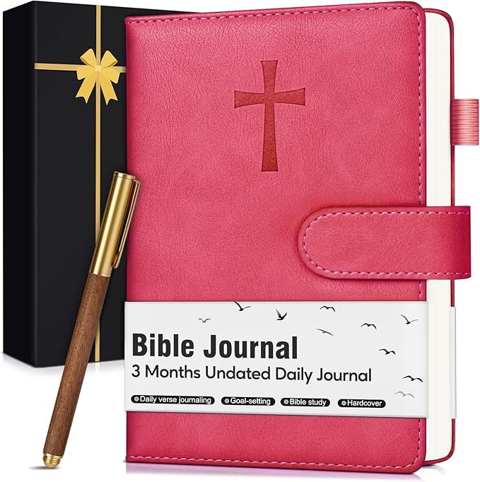 Leather Christian Bible Journal for Women, Prayer Journal for Scripture Study, Daily Devotional, Undated Church Notes Notebook, Jesus Religious Faith Gifts for Pastor, Graduation, Baptism, Magenta