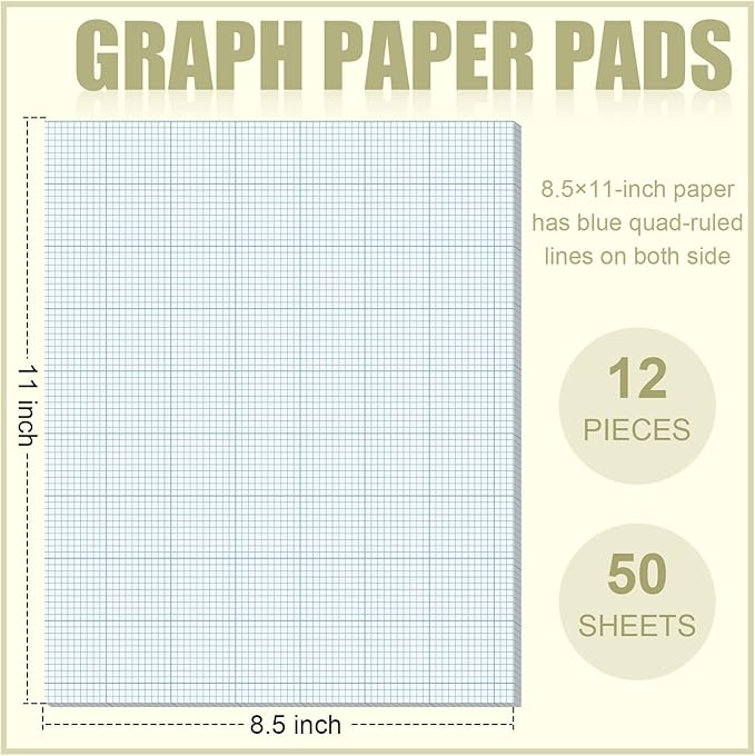 Ctosree 12 Pcs 8.5” x 11” Graph Paper Pads, 10 X10 Per Quad Ruled, Back to School 50 Sheets/Pack Engineer Grid Paper Pad for School Supplies