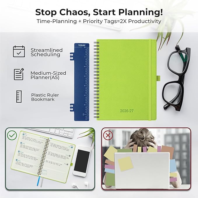 Planner 2026-2027 Daily Weekly and Monthly,8.5"x6.5",18 Months Spiral Bound Calendar Agenda with Self-adhesive Pen Holder,2026 Academic Plan with Vegan Leather Soft Cover,Wasabi Green