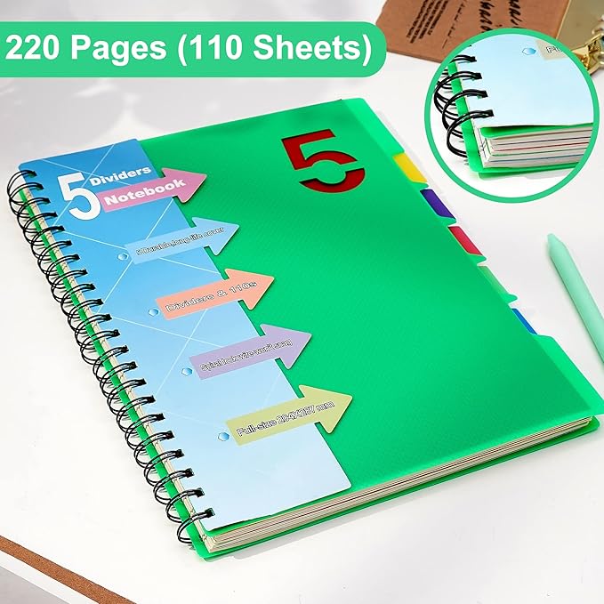 CAGIE Spiral Notebook 8.5 x 11 with Dividers 5 Subject Notebook with Tabs Wide Ruled A4 Spiral Bound Journal for Note Taking Work School Supplies, 220 Pages, Green