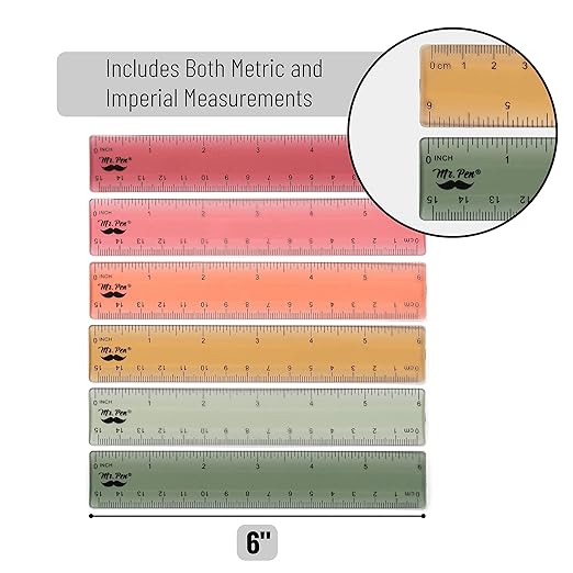 Mr. Pen- Plastic Ruler Set, 6 Pack, 6 Inch, Vintage Colors, Easy-to-Read Markings, Scratch-Resistant Design, Durable Transplant Rulers for Crafting Office & School, School Supplies