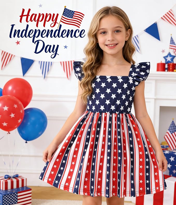 Popshion Girls Dresses Flutter Sleeve Swing Sundress Toddler Summer Clothes Kid Birthday Party Sleeveless Dress 1-8 Years Old