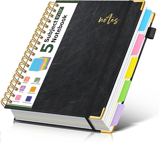 5 Subject Spiral Notebook Journal with Removable Dividers Tabs, 300 Pages Organizer Notebooks for Work School, 8"x10" Hardcover Leather Notebook College Ruled, Large Lined Journal for Women Men,Black
