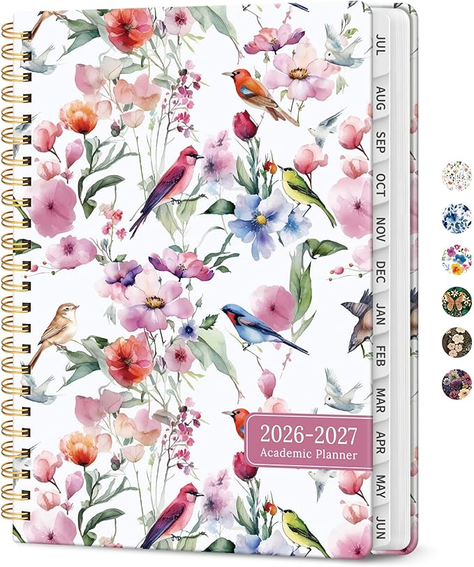 Planner 2026-2027, Academic Year Monthly and Weekly Calendar Planner, Jul 2026 - Jun 2027, Hardcover Teacher Student Planning Agenda book with Tabs, Perfect for School Office Supplies, 6.3" x 8.5" - Songbird Bloom