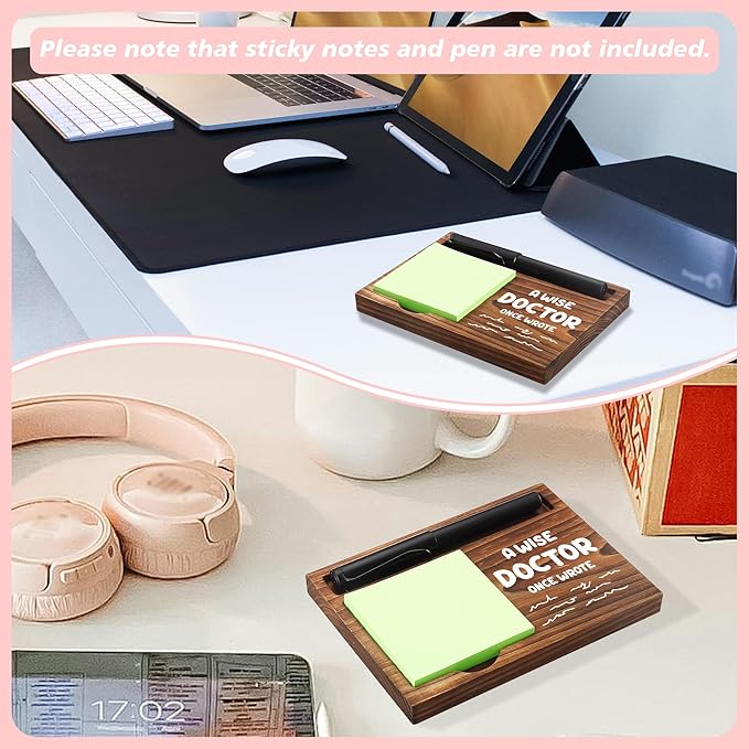 CINRLLA Doctor Sticky Note Holder Wooden Notepad & Pen Holder 6.5"" x 4.7"" Sticky Note Pad Holder Dispenser for Desk Doctor Work Humor Gifts, NPA191, Brown