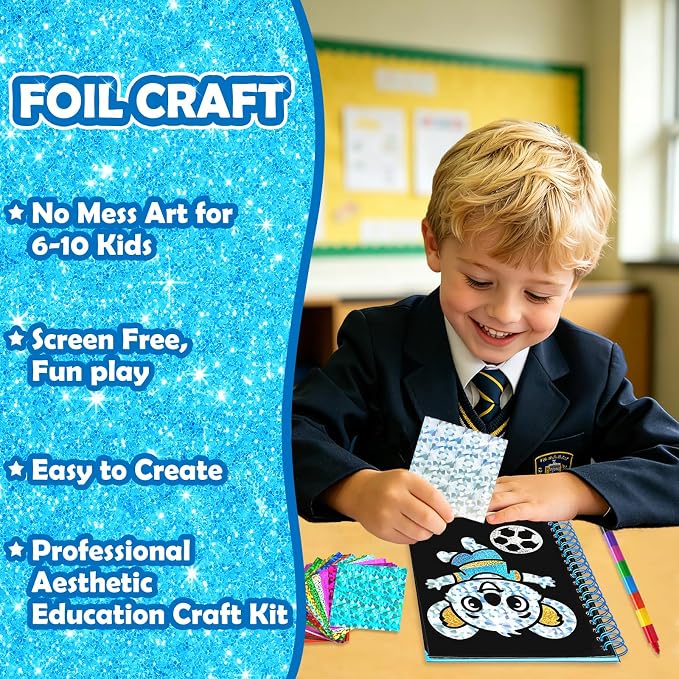 FUNNYB&G Foil Art Craft Kit for Boys 4-10 Years Old: Mess-Free & No-Glue, Create 16 Happy Back to School Pictures – Perfect Travel Toy & Birthday Gift for Kids (Happy Back to School)