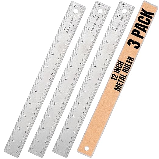 1InTheOffice Metal Ruler 12 Inch, Stainless Steel 12 Inch Ruler with Cork Back and Hanging Hole - 1/16" Standard Scale 12 inch - 3 Pack