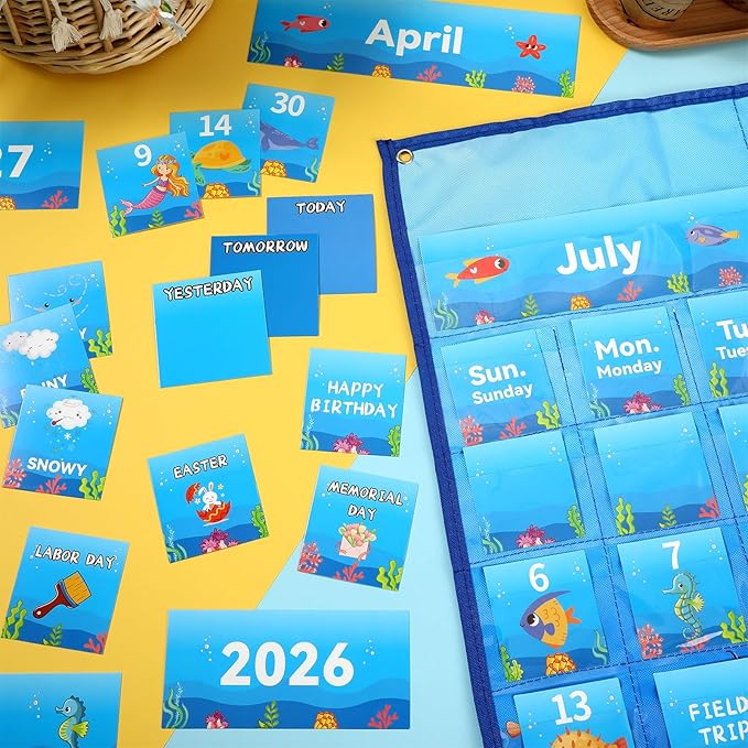 Weysat Classroom Calendar Pocket Chart Set Calendar Bulletin Board with Pocket Bulletin Board Season Festival Weather Date Chart for Preschool Elementary School Teacher Supplies(128 Pcs,Sea Animals)