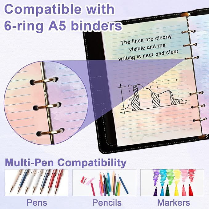 300 Sheet Watercolor A5 Refill Paper Planner Inserts for 6-Hole Binder A5 Loose Leaf Lined Refill Paper 100 GSM Notebook Filler Paper 6 Hole Loose Leaf Paper for Budget Planner Journal 5.6" x 8.2"