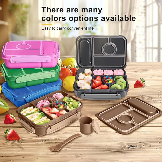 Amathley Bento Box Adult Lunch Box Kids,Lunch Containers for Adults/Kids/Toddler,5 Compartments Bento Lunch Box with Sauce Vontainers,Microwave & Dishwasher & Freezer Safe,BPA-Free (Brown)
