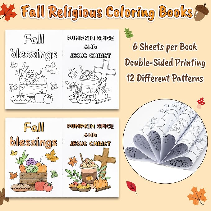 Dvbonike 48Pcs Fall Bible Coloring Books Religious DIY Color-in Pages | Drawing Booklet Bulk, Autumn Party Supplies, Christian Activity, Sunday School Artwork, Classroom Rewards, Thanksgiving Gift