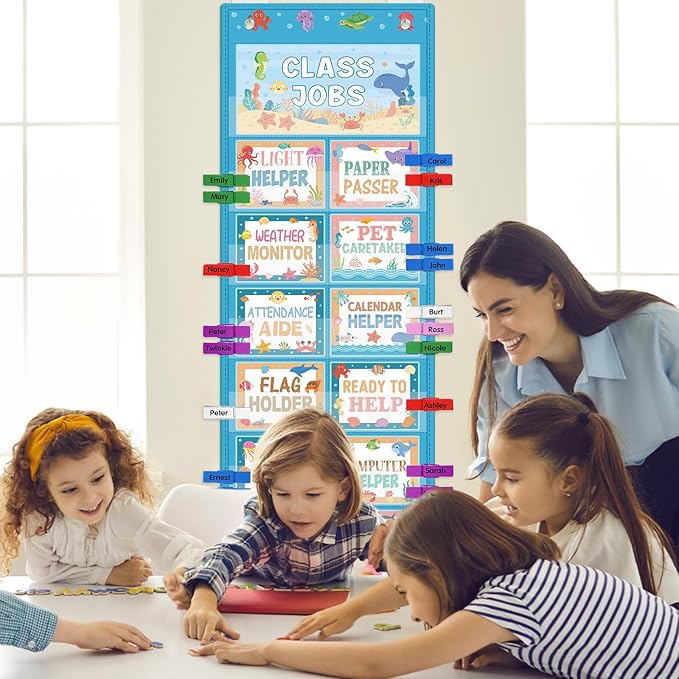 Blosssound Class Jobs Pocket Chart with 31 Cards 40 Colored Clips Classroom Teacher's Helper Management Educational Pocket Chart Bulletin Board Decorations Preschool Supplies(Ocean)