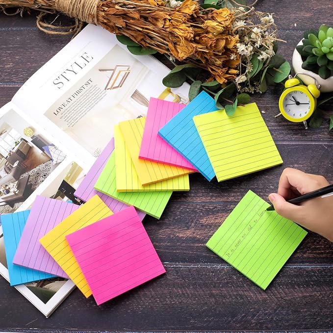 (36 Pads) Lined Sticky Notes 4x4 in, 6 Bright Colors Self-Stick Note Pads, Strong Adhesive, 47 Sheets/Pad