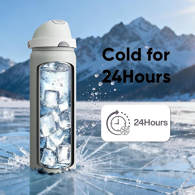 Insulated Water Bottle with Straw - Encool Stainless Steel Water Bottle with Push Button Lid, Leak-Proof & BPA-Free, Keeps Cold for 24 Hours for Sports, Travel, Gym (32 oz, Silver Grey)