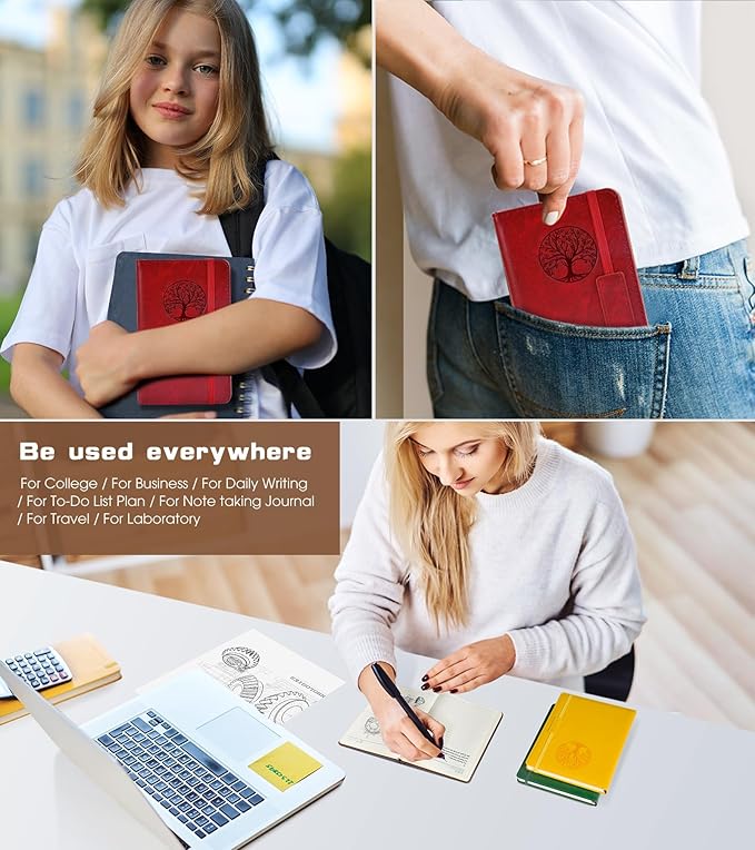 Lined Pocket Journal Notebook for Women Men, 140 Pages A6 Leather Journals for Writing, Travel, Work, 3.7"×5.7" Mini Notebook, Hardcover Small Notebooks for Note Taking, Diary Notepad (Winered)