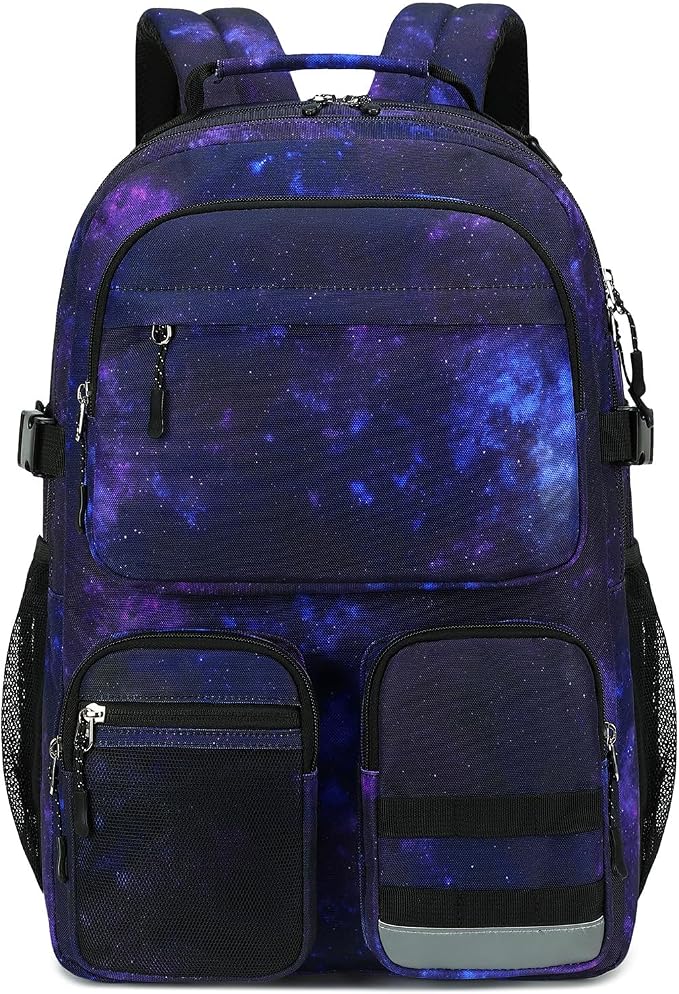 Lohol Water Resistant Backpack with Multifunctional Pockets for Teens, Durable Bookbag fits 15.6 inch Laptop for School Travel College, 25L (Black Purple Galaxy)