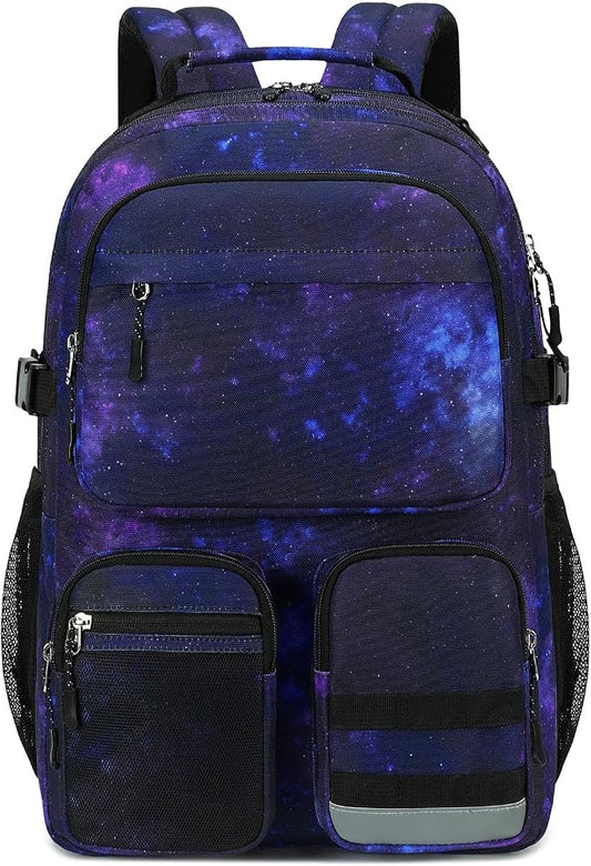 Lohol Water Resistant Backpack with Multifunctional Pockets for Teens, Durable Bookbag fits 15.6 inch Laptop for School Travel College, 25L (Black Purple Galaxy)