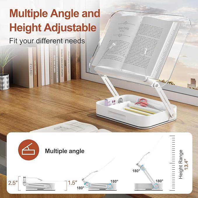 Acrylic Book Stand with Storage, Adjustable Book Holder for Reading with 360° Rotating Bases, Foldable Desktop Riser Stand, Elastic Clips for Cookbook Recipe Magazines Tablets, Laptops (Clear)